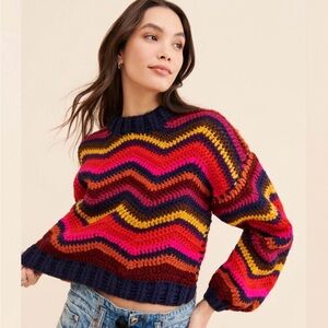 Farm Rio Waves Crochet Hand Knit Sweater